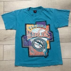 Vintage Florida Marlins T-Shirt 90s Graphic Teal Sport-Tek Sz M/L Baseball 90s